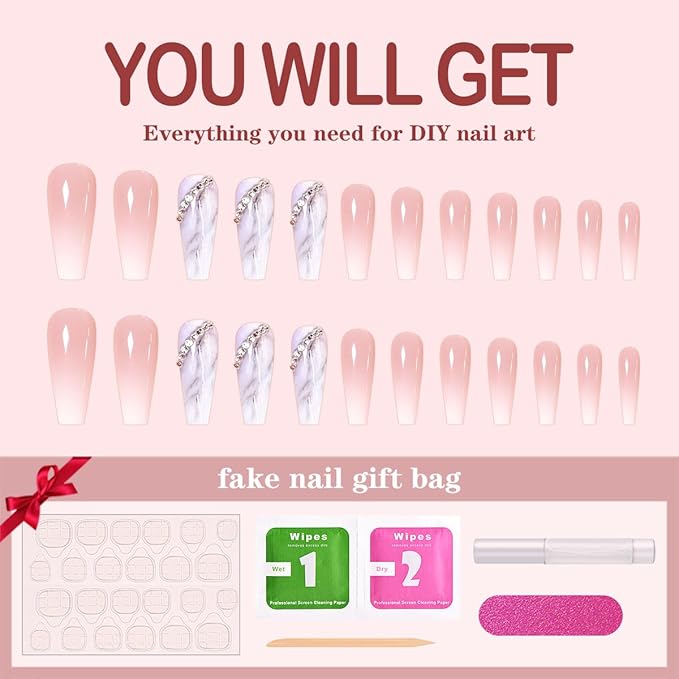 Yivaiks 24 pcs Pink Coffin Press On Nails - Long Glossy Rhinestone Fake Nails With Glue, Full Coverage Marble Acrylic Nails (Pink Ink Fantasy)