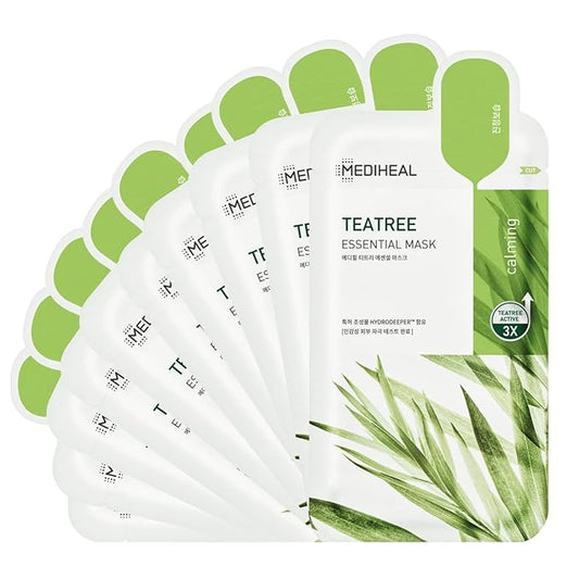 Mediheal Best Korean Sheet Mask - Tea Tree Essential Face Mask 10 Sheets For All Skin Types Korean Best Sheet Mask Soothing Calming