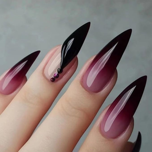 IMRAIN Press on Nails Long Stiletto Fake Nails Purple Gradient French Tips False Nails with Rhinestone Designs Glossy Gel Almond Full Cover Artificial Stick on Nails 24Pcs