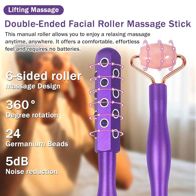 2 in 1 Face Roller for Women, Dual Ended Face Massager Tool with Germanium Stone & Jade Roller, Facial Roller for Skin Care, Lymphatic Drainage, Uplifting Face | 360° Contouring, 7.6" Portable