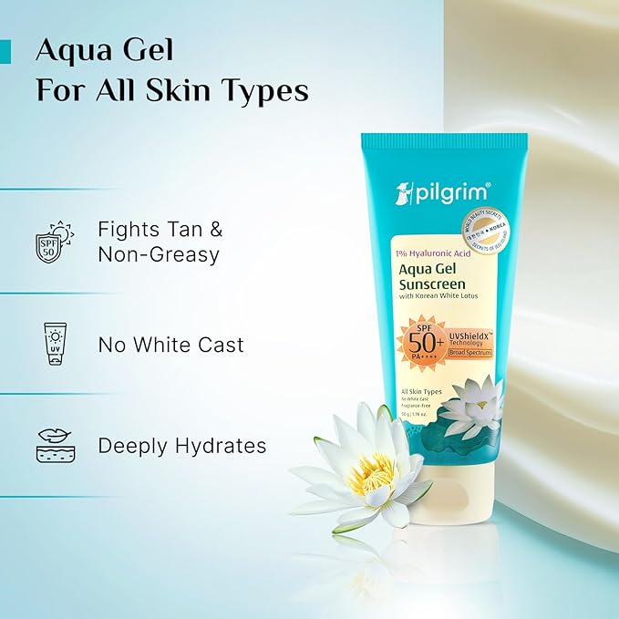Pilgrim Korean Cica Moisturizer with 5 Ceramides & 1% Hyaluronic Acid Gel Sunscreen SPF 50 PA++++ | Deep Hydration, Strengthen Skin Barrier & Sun Protection | Lightweight & Non-Sticky | All Skin Type
