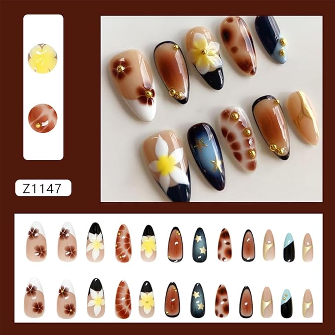 24Pcs Fall Flower Press on Nails Medium Almond Fake Nails with 3D Gold Balls Designs French Tip Glue on Nails Glossy Brown Full Cover Artificial Nail Autumn Holiday False Nail for Women Girls DIY