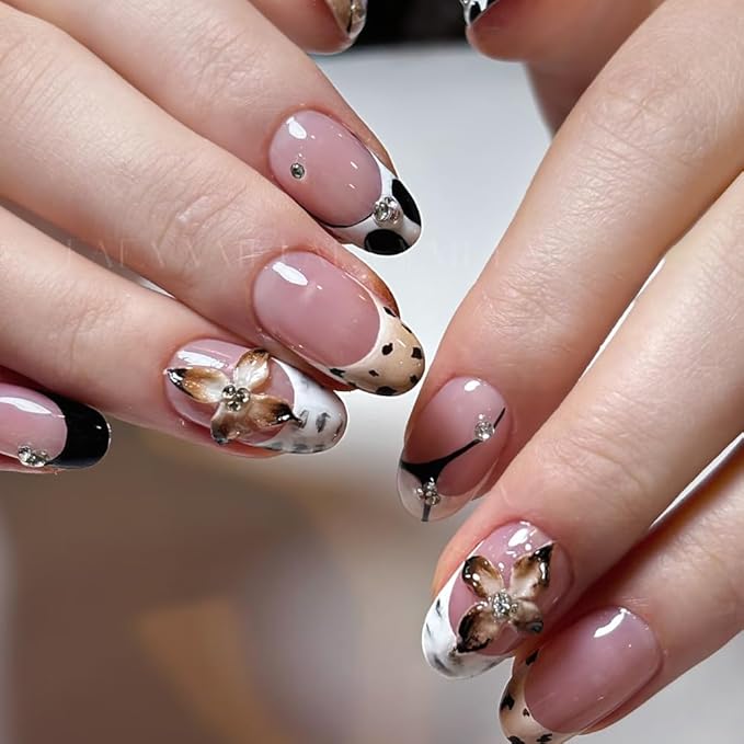 French Tip Press on Nails Almond Medium Length Fake Nails Flowers with Rhinestones Design Nude False Nails Glitter Stick on Nail Cute Glue on Nails Acrylic Nail Art Decoration for Women