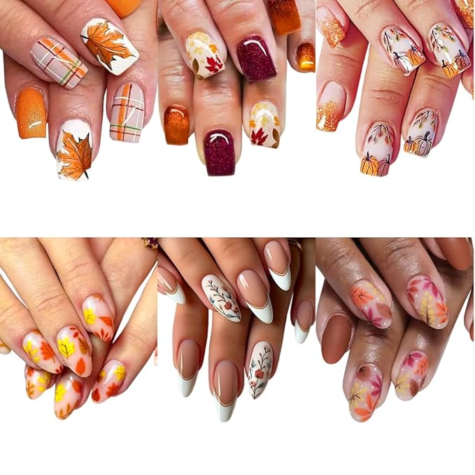 6 Packs (144 Pcs) Fall Press on Nails Medium Square, Almond Press on Nails, with Maple Leaf Design Thanksgiving Day Fake Nails for Women - 12 Sizes, 6Styles