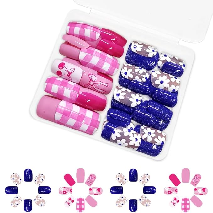 2 Packs 48Pcs Square Press on Nails Short Flowers Acrylic Fake Nails Blue Pink False Nails Squoval Artificial Nails with Design Floral Bow Heart Glue on Nails Press ons for Women Spring Manicure Set