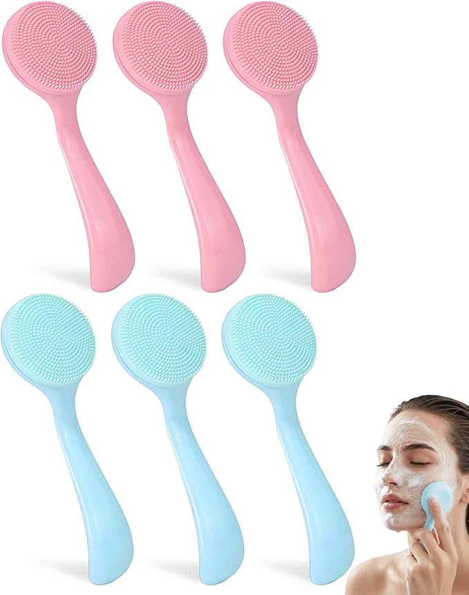 6 Pack Silicone Face Brush, Soft Facial Friendly Skin Cleansing Scrub Scrubber with Wand for Blackheads Exfoliating