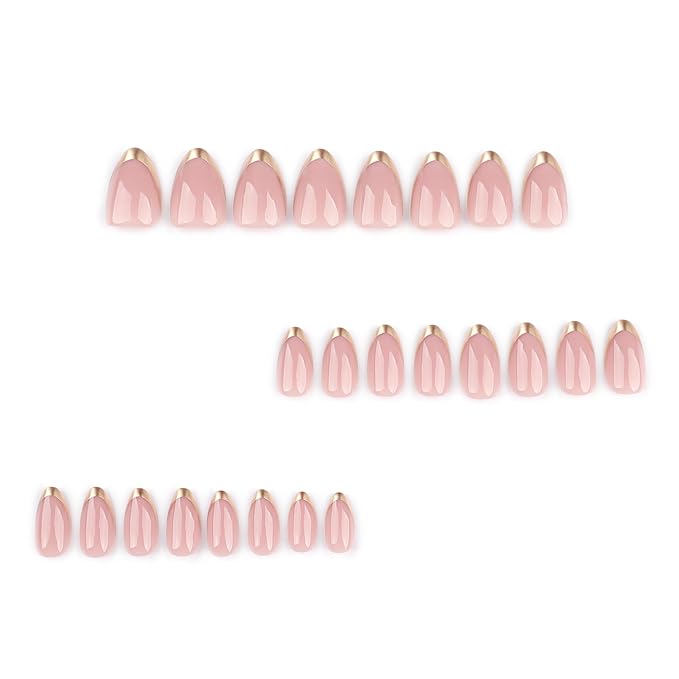 Almond Press On Nails Short, Pink Fake Nails with Elegantly Crafted Gold French Tips, Glossy Gel Finish, Thick Natural Reusable Glue On Nails Kit for Women 24Pcs, Golden French Chic