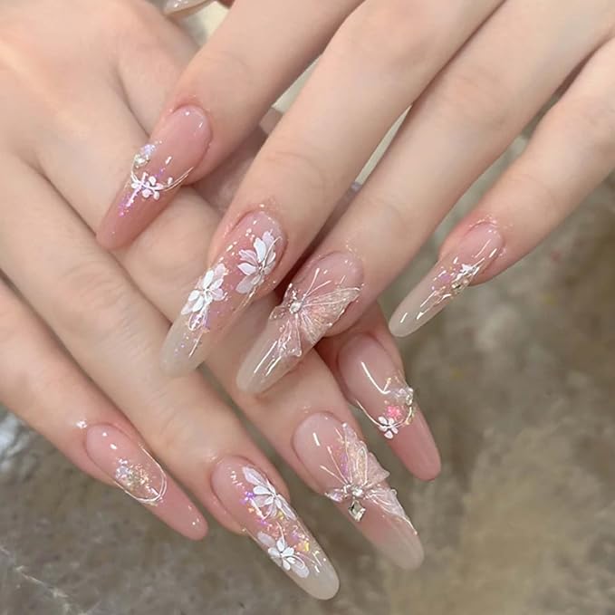 Hkanlre Press on Nails Long Fake Butterfly Pink Nails Tips Full Cover False Almond Nails for Women and Girls 24PCS