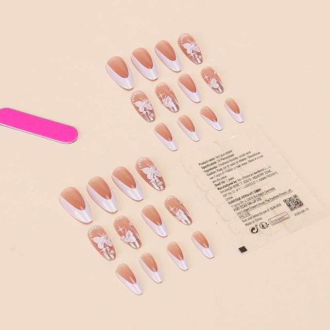 Hkanlre Almond Press on Nails White Medium Fake Nails Tips Full Cover False Flower Nails for Women and Girls 24PCS