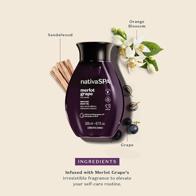 Nativa SPA by O Boticário Merlot Grape Biphase Body Oil, with Quinoa & Grapeseed Oils, Silky Glow with Hydration, 6.7 Ounce (200ml)