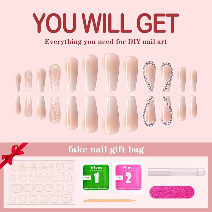 Yivaiks Rhinestone Press on Nails Pink Medium Length Stick on Nails for Women Glitter Artificial Nails Acrylic Nails Press on Fake Nails With Glue 24pcs