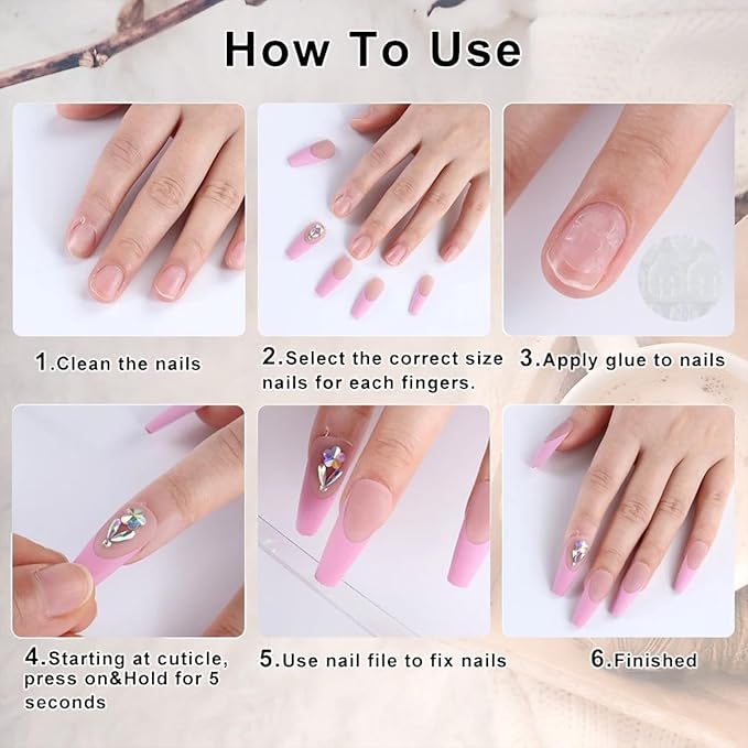 24Pcs Flower Press on Nails Medium Almond Fake Nails 3D Flower with Gold Beads Design Full Cover Pink Gradient Glue on Nails Reusable Spring Nails with French Tip False Nails for Women Acrylic Nails