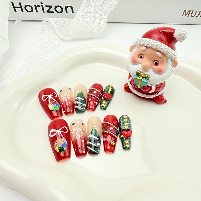 10Pcs Christmas Press on Nails Medium Square Fake Nails with 3D Pearl Rhinestones Designs Christmas Snowflake Xmas Tree False Nails Red Glossy Full Cover Handmade Stick on Nails for Women Girls DIY