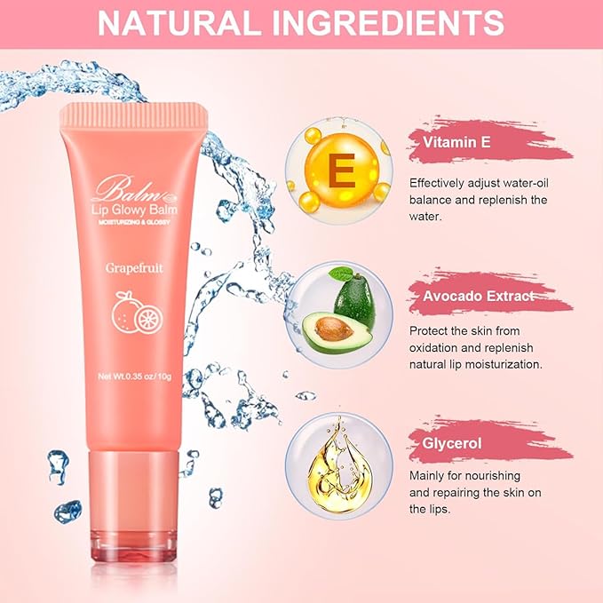 GECOMO Lip Glowy Balm, Moisturizing Lip Gloss, Nourishing Glossy Transparent Plumping Oil, Non-sticky Tinted Toot Lip Balm for Lip Care (GRAPEFRUIT) 0.35oz