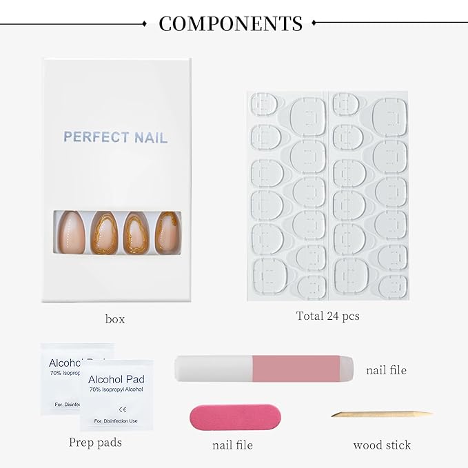 Gold Outline French Press On Nails 24pcs, Nude White Gradient Almond False Nails with 3D Metallic Design, Glossy Stick On Nails, Reusable Acrylic Fake Nails Kit for Women