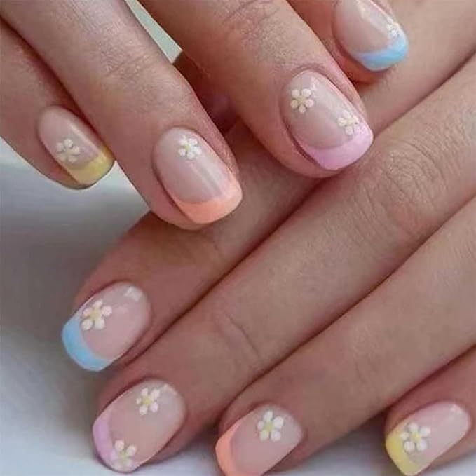 6 Packs (144 Pcs) Short Press on Nails - Flower Almond, Oval French Tip, Glue on Nails in 12 Sizes - 24 Fake Nails Kit for Women