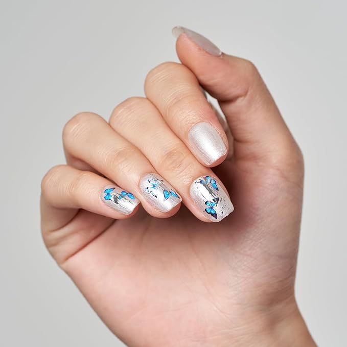 GLAMERMAID Press on Nails Extra Short Square, Fall Handmade Sliver with Butterfly Gel Glue on Nails, Glossy Fake Nails Reusable Acrylic False Nails Manicure Kits for Women