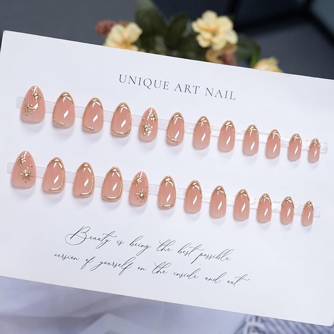 Gold Press on Nails Medium Almond Fake Nails Gold Line Design Stick on Nails French Tip False Nails Handmade Artificial Acrylic Glue On Nail for Women Nail Art Decoration 24Pcs