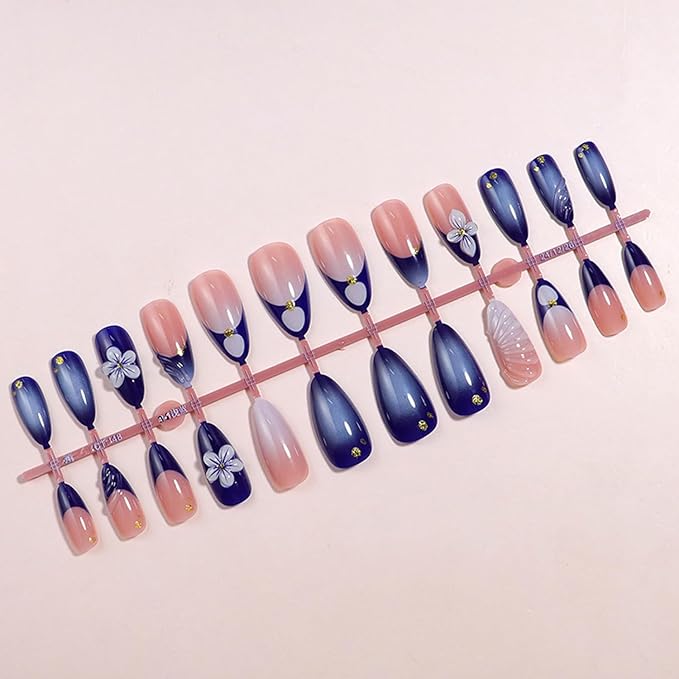 24Pcs Blue Flower Press on Nails Medium Almond French Tip Fake Nails with 3D Glue Dripping Crafts Blue Petals Designs Nude Stick on Nails Glossy False Nails Full Cover Artificial Nails for Women