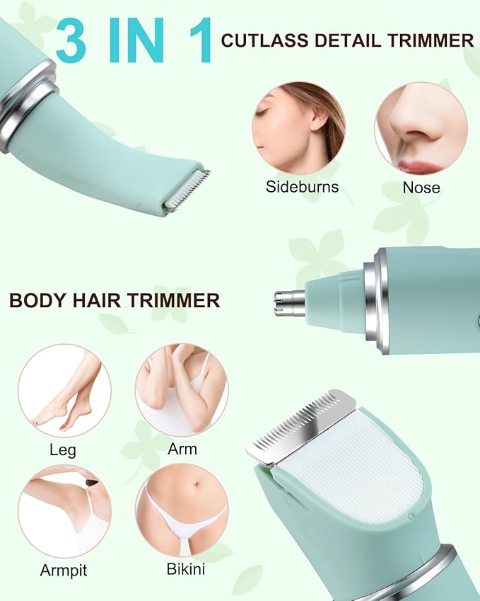 Bikini Trimmer for Women,2-in-1 Painless Electric Razors & Shaver Nose,IPX7 Waterproof,Body Hair Trimmer for Underarm/Pubic/Nose/Legs,USB-C Rechargeable Women's Grooming Kit (Mint Green)
