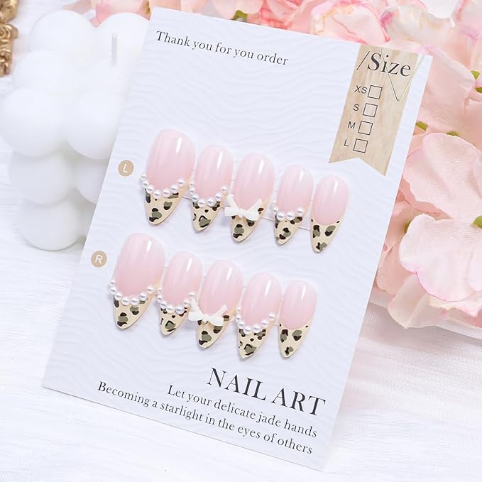 24Pcs Leopard Print French Tip Press on Nails Medium Almond Fake Nails Bow Glue on Nail 3D Pearl Gems Cute False Nails French Stick on Nail Bow Artificial Acrylic Nails for Women Daily Manicure Decor