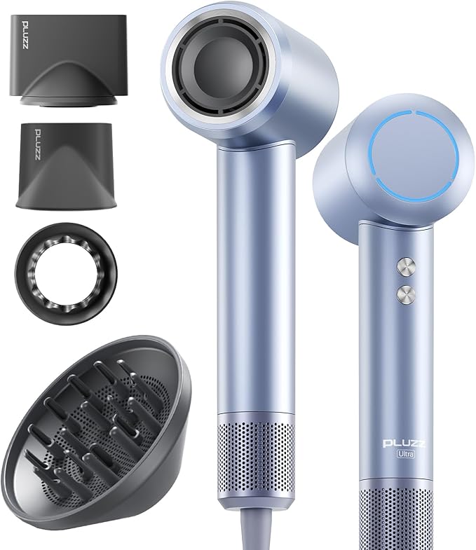 PLUZZ Professional Hair Dryer with Diffuser for Curly Hair, 400M Negative Ionic Blow Dryer for Fast Drying, 120,000 RPM High-Speed Brushless Motor, Low Noise Lightweight, Travel-Friendly, Women & Men