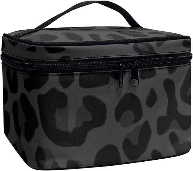 Black Grey Animal Cheetah Leopard Pattern Makeup Bags for Women Large Capacity Travel Organizer Storage Toiletry Pouch with Zipper and Carry Handle Portable Cosmetic Bag