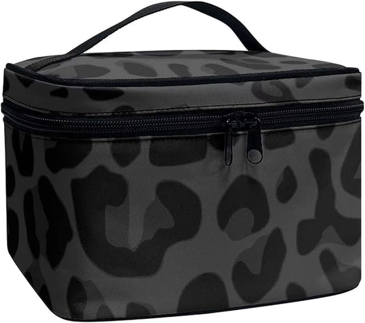 Black Grey Animal Cheetah Leopard Pattern Makeup Bags for Women Large Capacity Travel Organizer Storage Toiletry Pouch with Zipper and Carry Handle Portable Cosmetic Bag