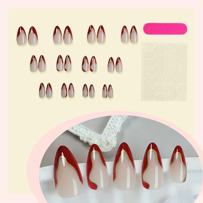 Red French Tip Press on Nails Medium Almond Fake Nails with Gold Curve Design Stick on Nails Glossy Nude False Nails Reusable Full Cover Acrylic Glue On Nail for Women Manicure 24Pcs