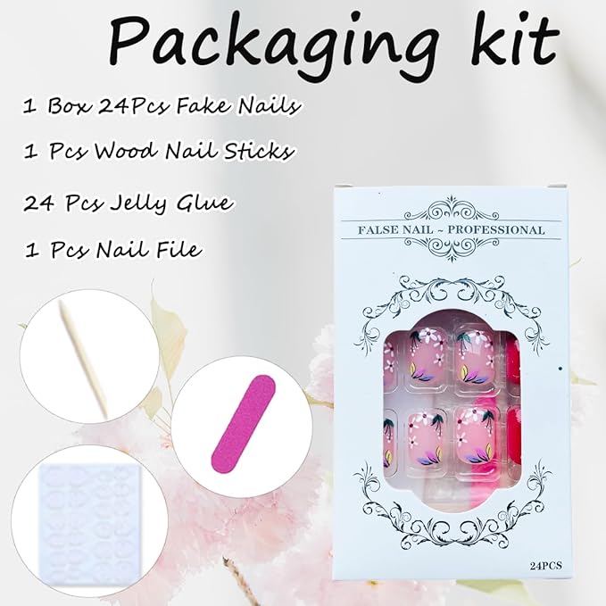 24 Pcs Short Square Press on Nails Spring Fake Nails NEWSPIED Red Glossy Glue on Nails with Small Flower Leaf Full Cover Artificial Stick on Nails Cute Acrylic False Nails for Women Girls Manicure