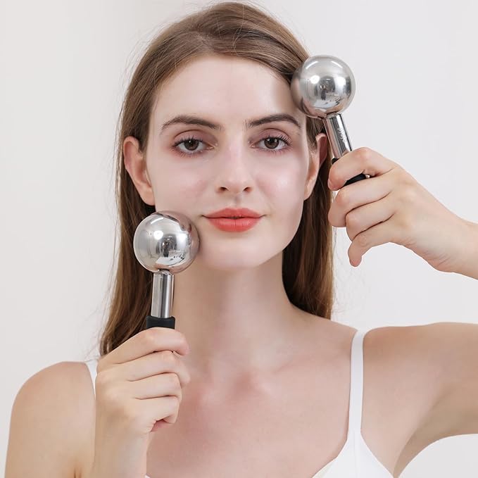 Pfefe 360 Rotating Ice Globes for Face & Eyes, Unbreakable Stainless Steel Cryo Sticks for Beauty Routines, Facials Cold Roller Colling Globes for Puffiness, Wrinkles, Dark Circles, Headaches