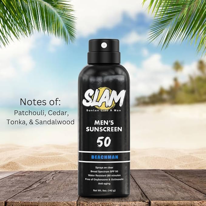 SLAM WoodsMan & BeachMan Bundle - Men's Scented Sunscreen, Sunscreen Spray, Water Resistant Sunscreen, Paraben Free, Broad Spectrum UVA/UVB Sunscreen (Large, 50, Sun Protection Factor (SPF))