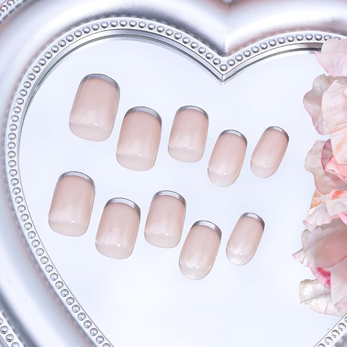 Silver French Tip Press on Nails Short Fake Nails Square Glue on Nails Glossy Acrylic Nail Nude Full Cover False Nail Reusable Artificial French Stick on Nail Supplies for Women Manicure 24Pcs