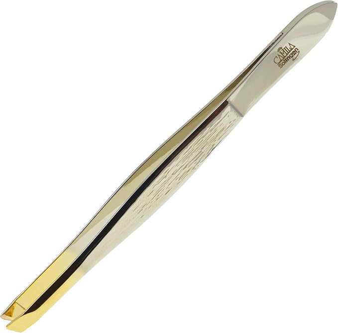 CS29 3 1/2" Gold Tipped, Surgical Grade, German Stainless Steel Tweezers (Slanted) - Flawless Eyebrow and Facial Hair Shaping and Removal for Men/Women