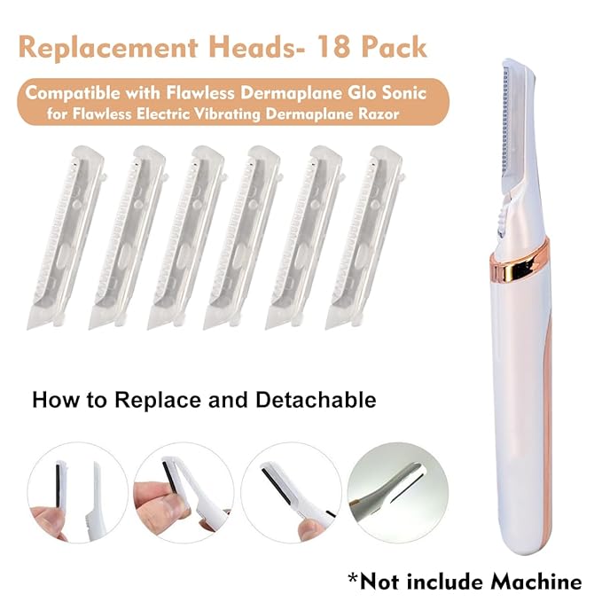 18 Pack Replacement Head for Finishing Touch Flawless Dermaplane Glo Sonic Facial Exfoliation Lighted, Dermaplane Refill Blades for Flawless Vibrating Dermaplane Razor,Safety Micro-guards for Skin