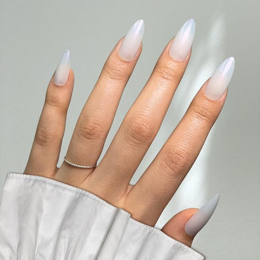 Perfect Look Press On Nails - Glazed Pearl | No Glue One-Day Medium Almond Fake Nails, Sheer White Nails with Gloss Finish - 24 Pcs Nail Kit with Adhesive Tabs