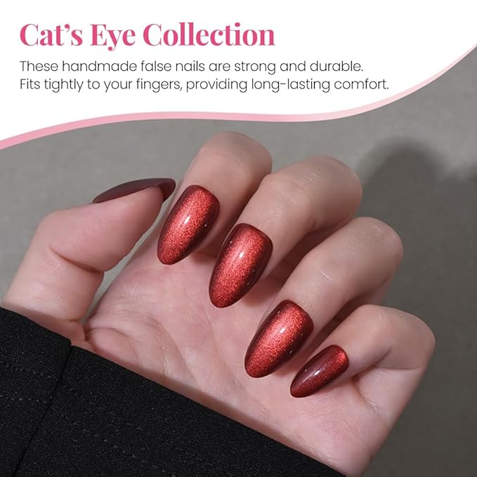 evpct Dark Red Press on Nails Almond Short, Dark Cherry Red Cat Eye Glitter Press on Nails for Women Gift, Soft Gel Press Glue On Nail with Nail Glue, Full Cover, 30Pcs Reusable Acrylic Fake Nails Kit