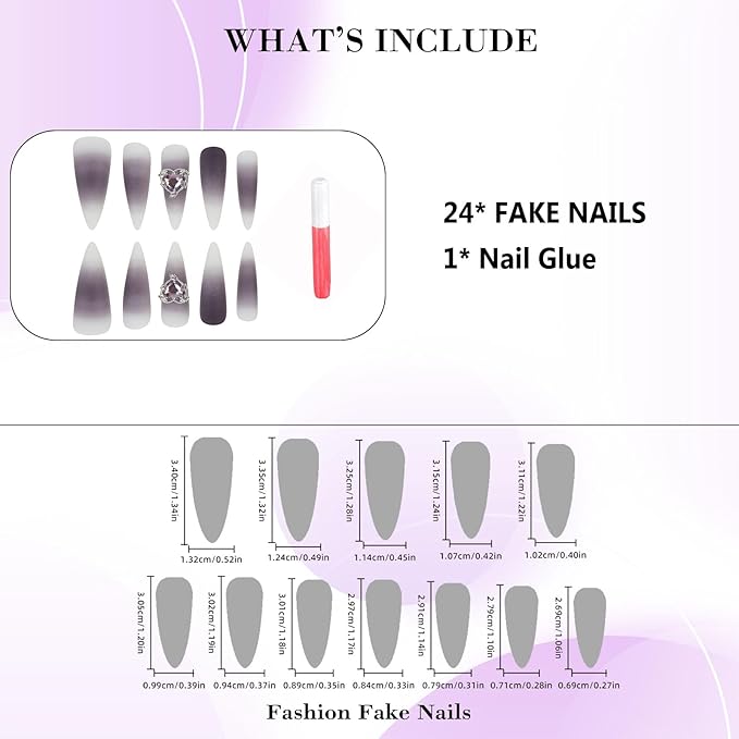 IMRAIN Press on Nails Long Stiletto Fake Nails Matte Purple Ombre Designs Full Cover Gel Artificial False Nails Cute Heart Rhinestone Charms Stick on Acrylic Nails for Women 24Pcs