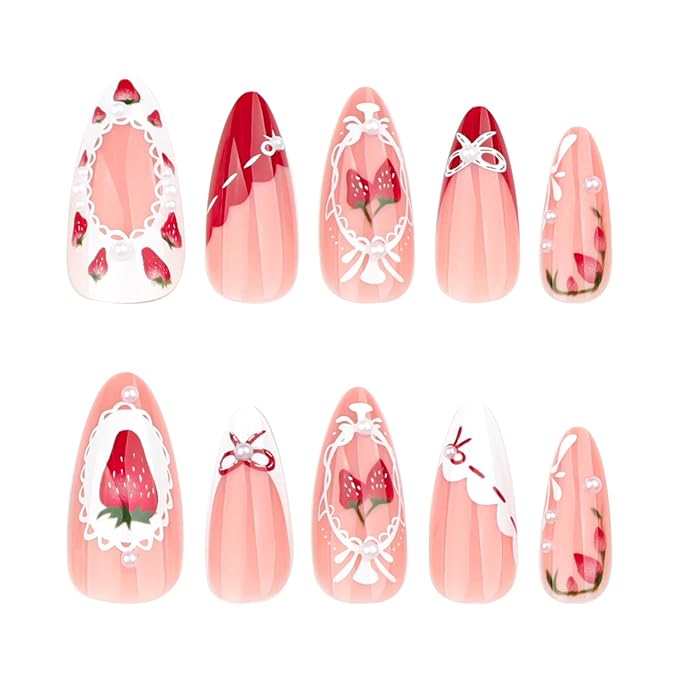 24Pcs Cute Strawberry Press on Nails Medium Almond Fake Nails with 3D Pearl Designs Stick on Nails Bow False Nails Summer Acrylic Nails Sweet Lace Glue on Nails for Women Nail Decoration Supplies