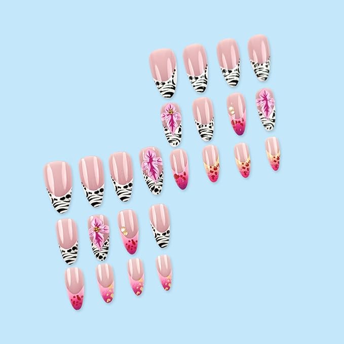 IMRAIN Medium Press on Nails Almond Fake Nails Zebra Stripes French Tip Acrylic False Nails with Pink Hawaii Flower Design Summer Glue on Nails Full Cover Artificial Nails for Women Manicure