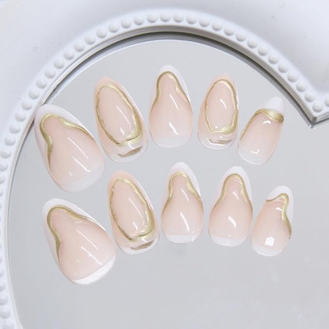 3D Gold Press on Nails Short Almond Fake Nails White French Tip Design Stick on Nails Nude False Nails Glossy Handmade Acrylic Glue On Nail for Women Nail Art Decoration 24Pcs