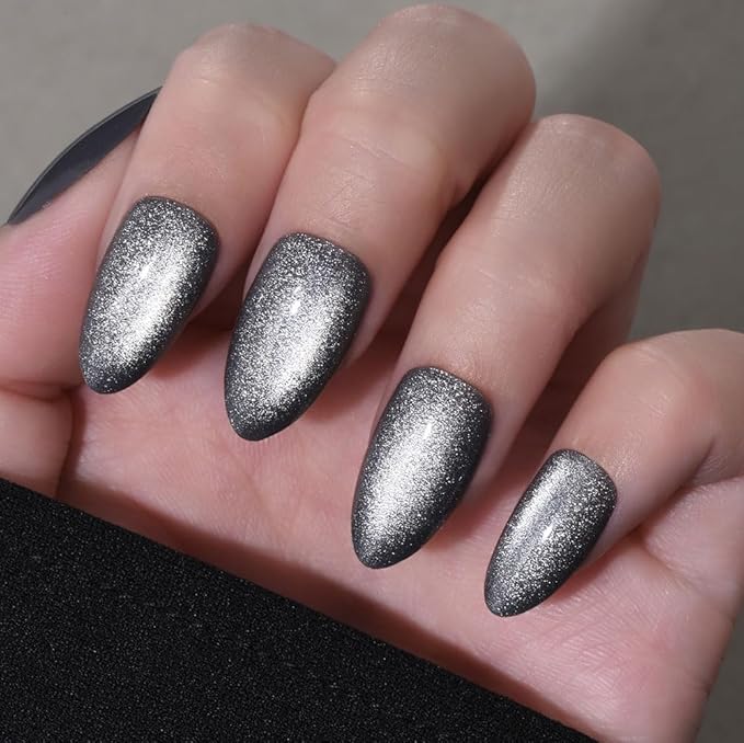 evpct Cat Eye Silver Press on Nails Almond Short, Silver Metal Short Almond Soft Gel Press on Nails with Nail Glue, Fit Perfectly, 30Pcs Reusable Acrylic Fake Press-on Nail Polish Kit for Women Gift