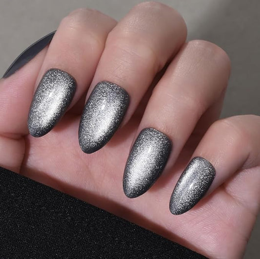 evpct Cat Eye Silver Press on Nails Almond Short, Silver Metal Short Almond Soft Gel Press on Nails with Nail Glue, Fit Perfectly, 30Pcs Reusable Acrylic Fake Press-on Nail Polish Kit for Women Gift