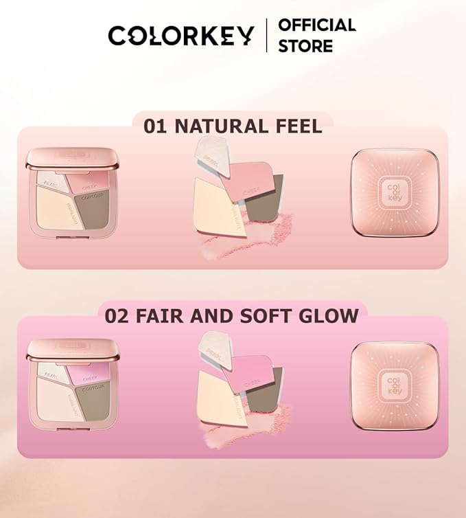 COLORKEY 3D Sculpting Contour Palette, 4-Color, High Capacity, Highlighter, Blush, Shadow, Translucent, Youthful Glow, Long-Lasting, Fine Texture (02)