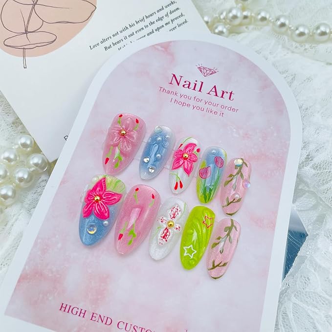 30Pcs 3D Handmade Press on Nails Medium Almond Fake Nails with Flower Pearl Rhinestones Designs Summer Glue on Nails Cute Acrylic Nails Press ons False Nails Colorful Floral Stick on Nails for Women