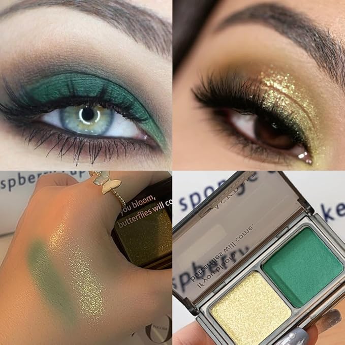2 Color Shimmer & Matte Eyeshadow Palette Makeup, Gold Shimmer & Emerald Green Matte Shades eye shadow for Womam Halloween Birthday Party Wear, Vegan & Cruelty-Free