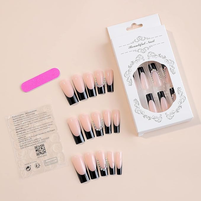 Long Press on Nails French Tip Fake Nails Black Acrylic Nails with Rhinestones Design Coffin Nails Tips Full Cover False Nails Reusable Glue on Nails Glossy Artificial Nails for Women Girls 24Pcs