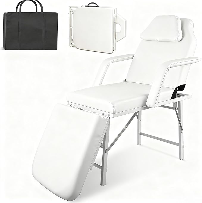Portable Tattoo Chair, Adjustable Massage Facial Bed with Removable Headrest & Armrest, Foldable Spa Chair with Carry Bag, 73 Inch Esthetician Bed for Salon Beauty Barber Spa Tattoo (White)