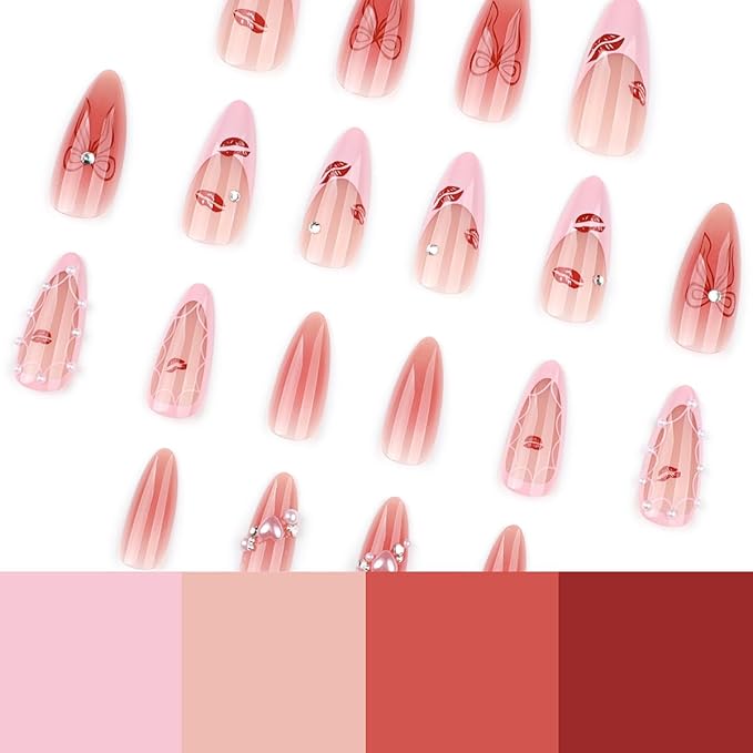 24Pcs Pink French Tip Press on Nails Almond Medium Fake Nails Pearl Rhinestone Design Nude Pink False Nails Red Lips Acrylic Nails Cute Bow Stick on Nails Full Cover Glossy Glue on Nail for Women Gift