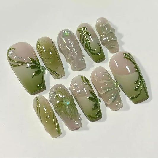 3D Press on Nails Acrylic Rhinestone Fake Nails Long Coffin Gradient Nude Green with Leaf Design Artificial Nails Pearl Accents Glue on Nails for Women Girls, 24Pcs